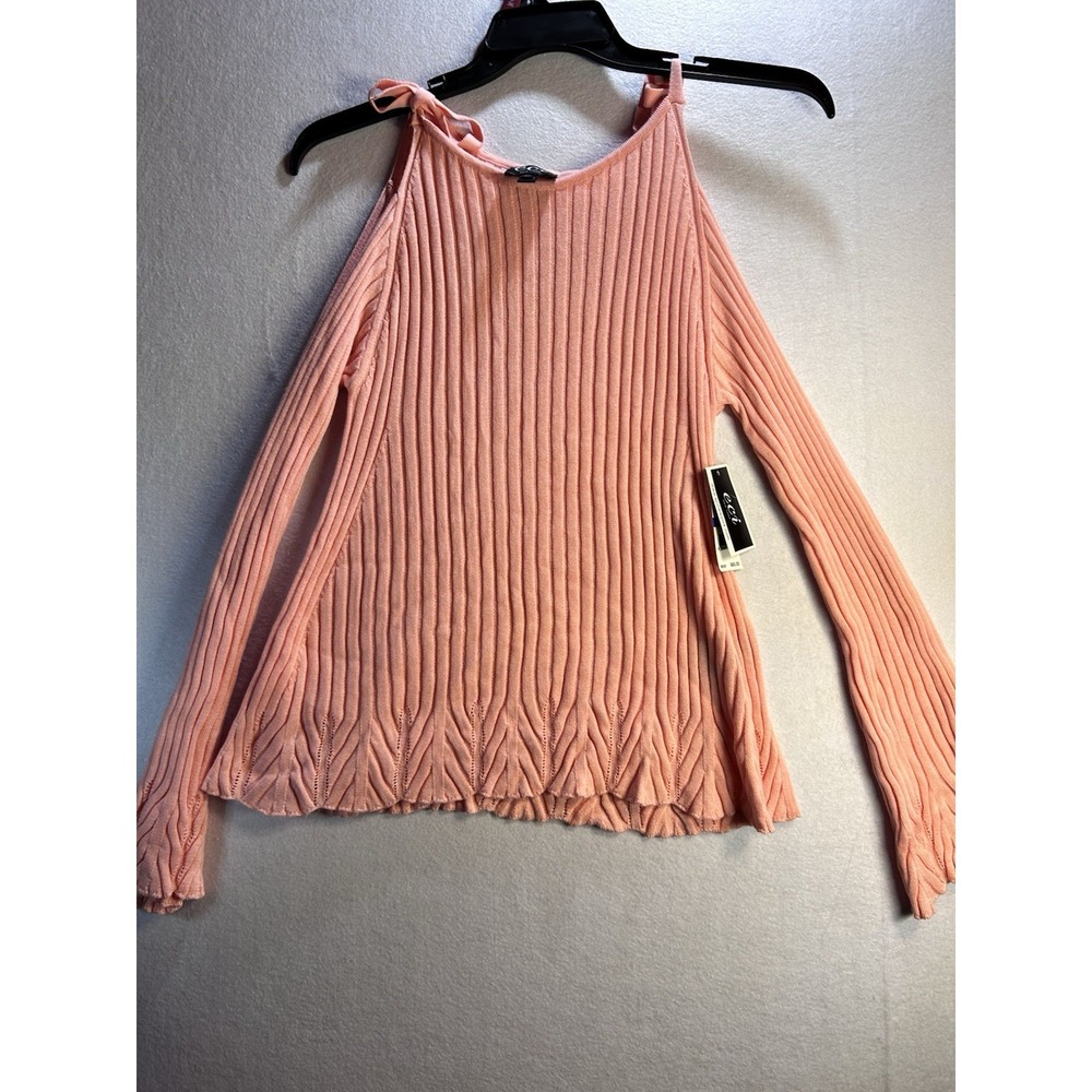 ECI‎ New York Pink Ribbed Knit Tie-Shoulder Cold Shoulder Long Sleeve Top XL NWT